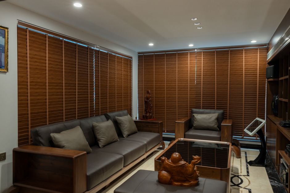 Modern living room with custom roller shades